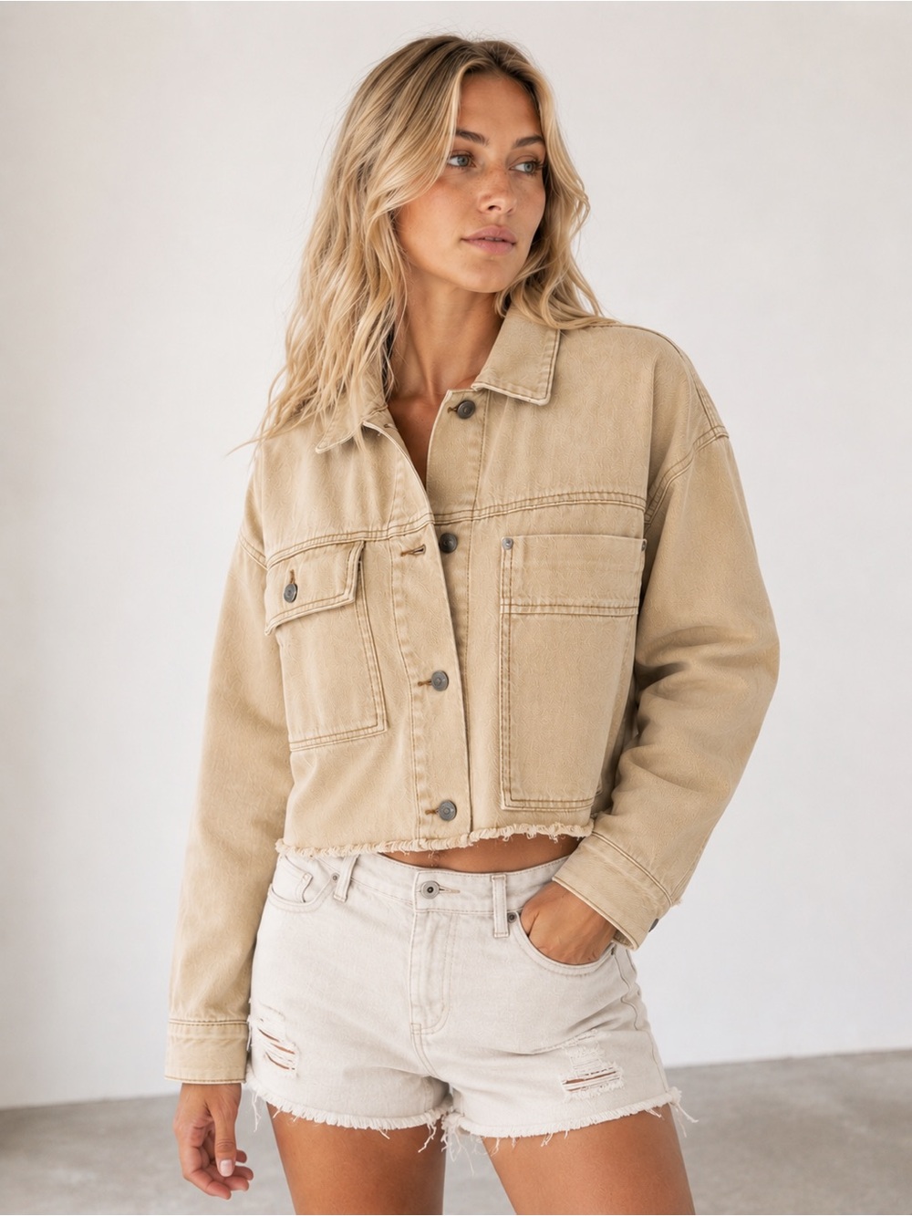 Zara Cropped Denim Jacket Beige Tan Yellow Size Small